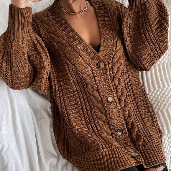 Brown Casual Womens Solid Button Front Cable Knit Cardigan - Picture 3 of 5